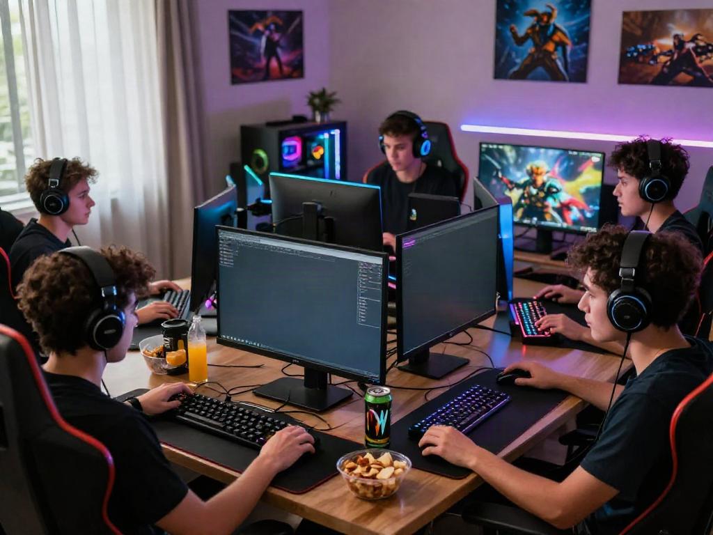 Engaged players in dynamic gaming session featuring ORION88 setups and vibrant atmospheres.