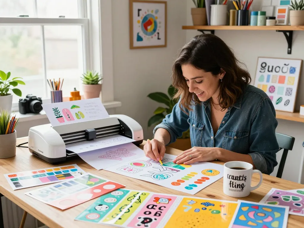 Cricut crafting scene with a woman using vibrant supplies and a cutting machine, creating DIY projects in her home studio.