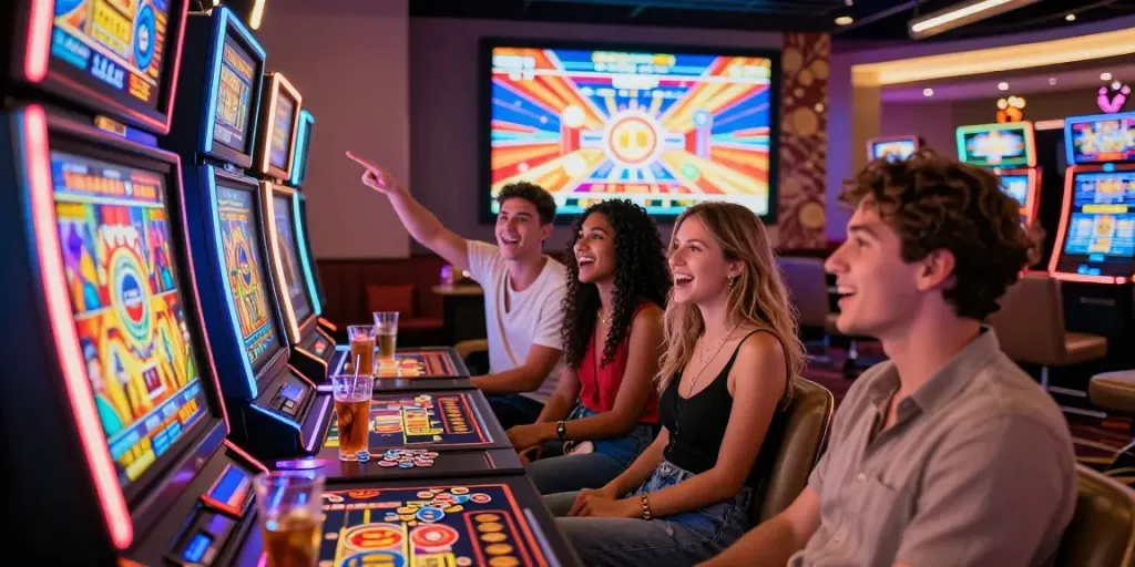 rokok88 slot login experience at a casino with friends enjoying vibrant gaming atmosphere