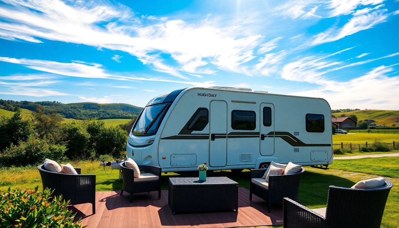 Stylish Hugh Daly Caravans in a scenic countryside, showcasing modern outdoor living.