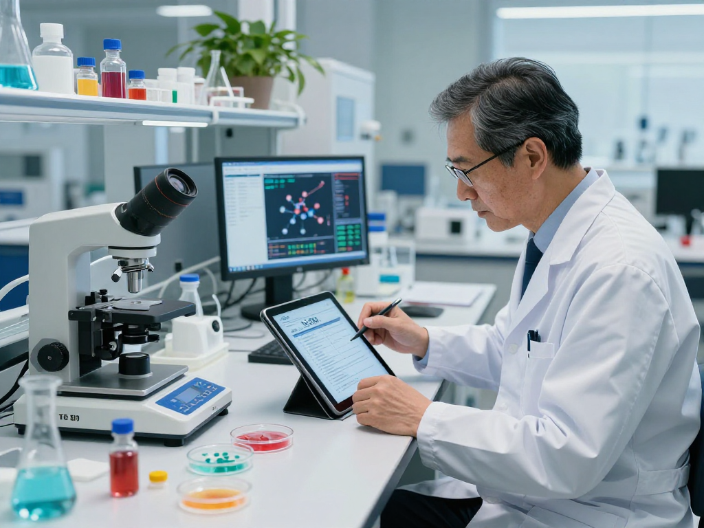 Researcher documenting TB 500 benefits in a modern lab, showcasing advanced compounds and health technology.