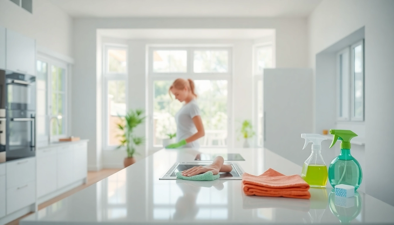 Cleaning Service team member diligently cleaning in a bright residential kitchen