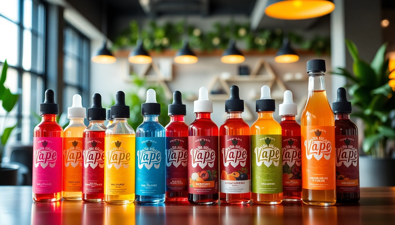 Showcase of colorful vape juice bottles, highlighting diverse flavors and inviting ambiance.
