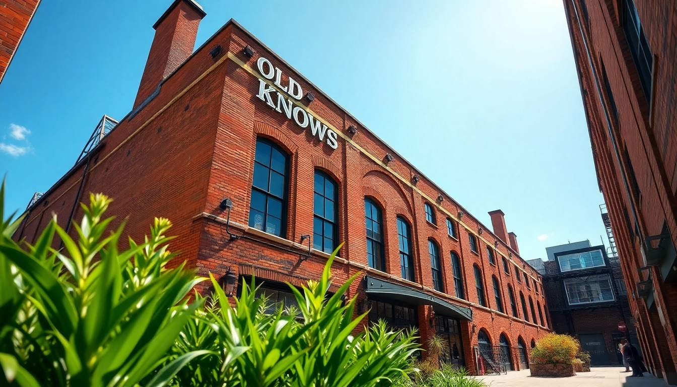 View of the Old Knows Factory's historic architecture surrounded by greenery, emphasizing its vibrant community role.