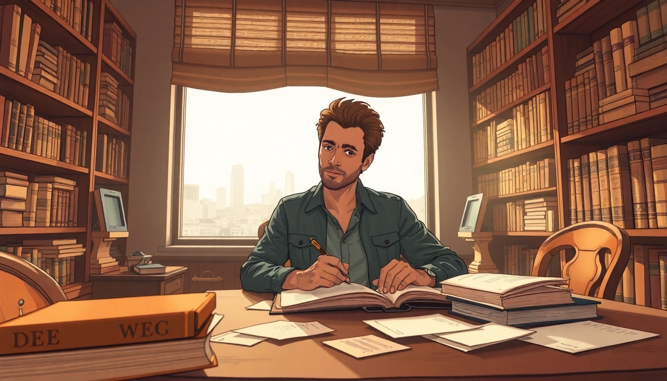 Dee Brown deeply engaged in writing at a vintage desk, surrounded by books and natural light.