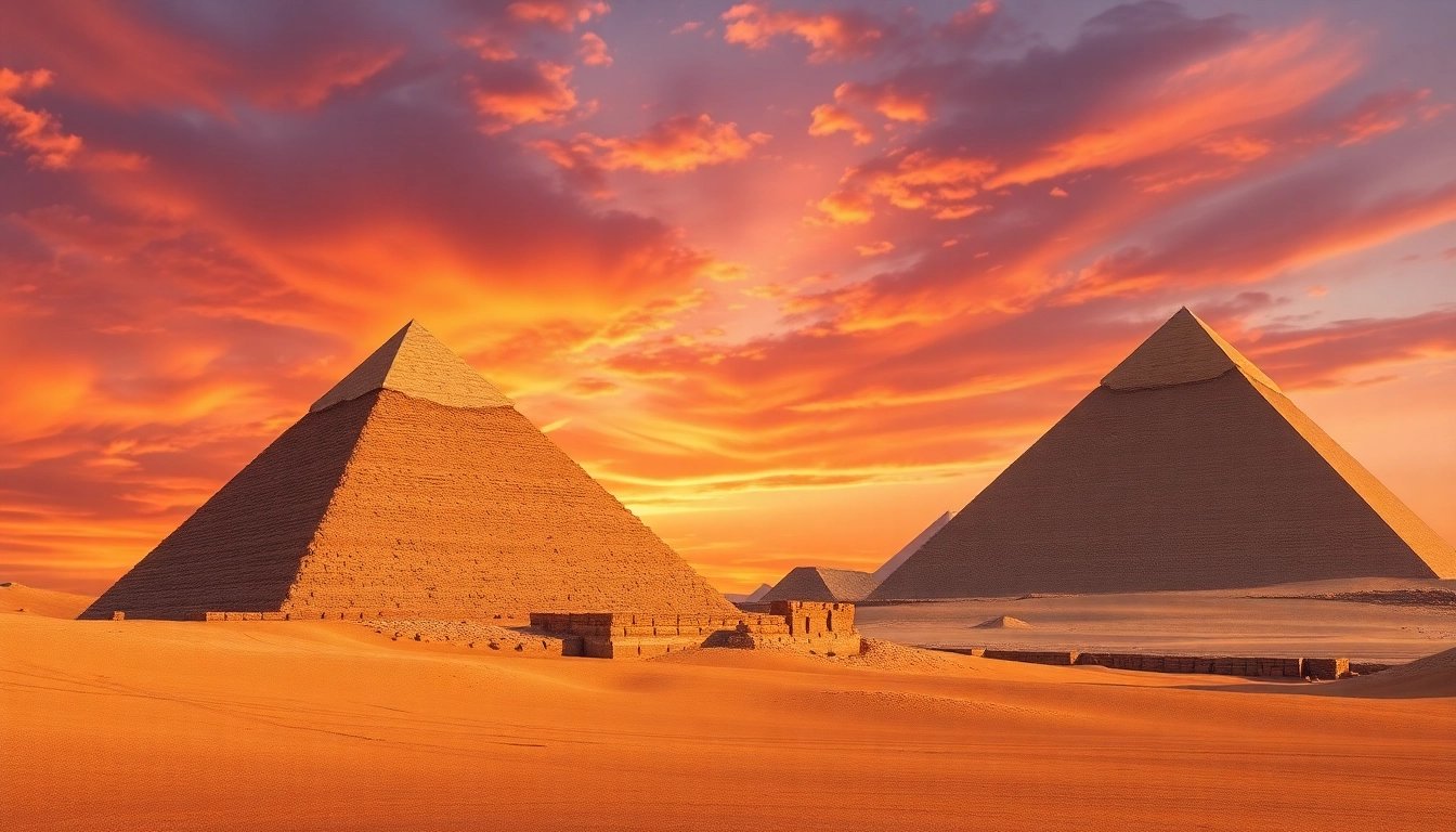 Piraminds standing majestically against a colorful sunset sky, highlighting the ancient structures.
