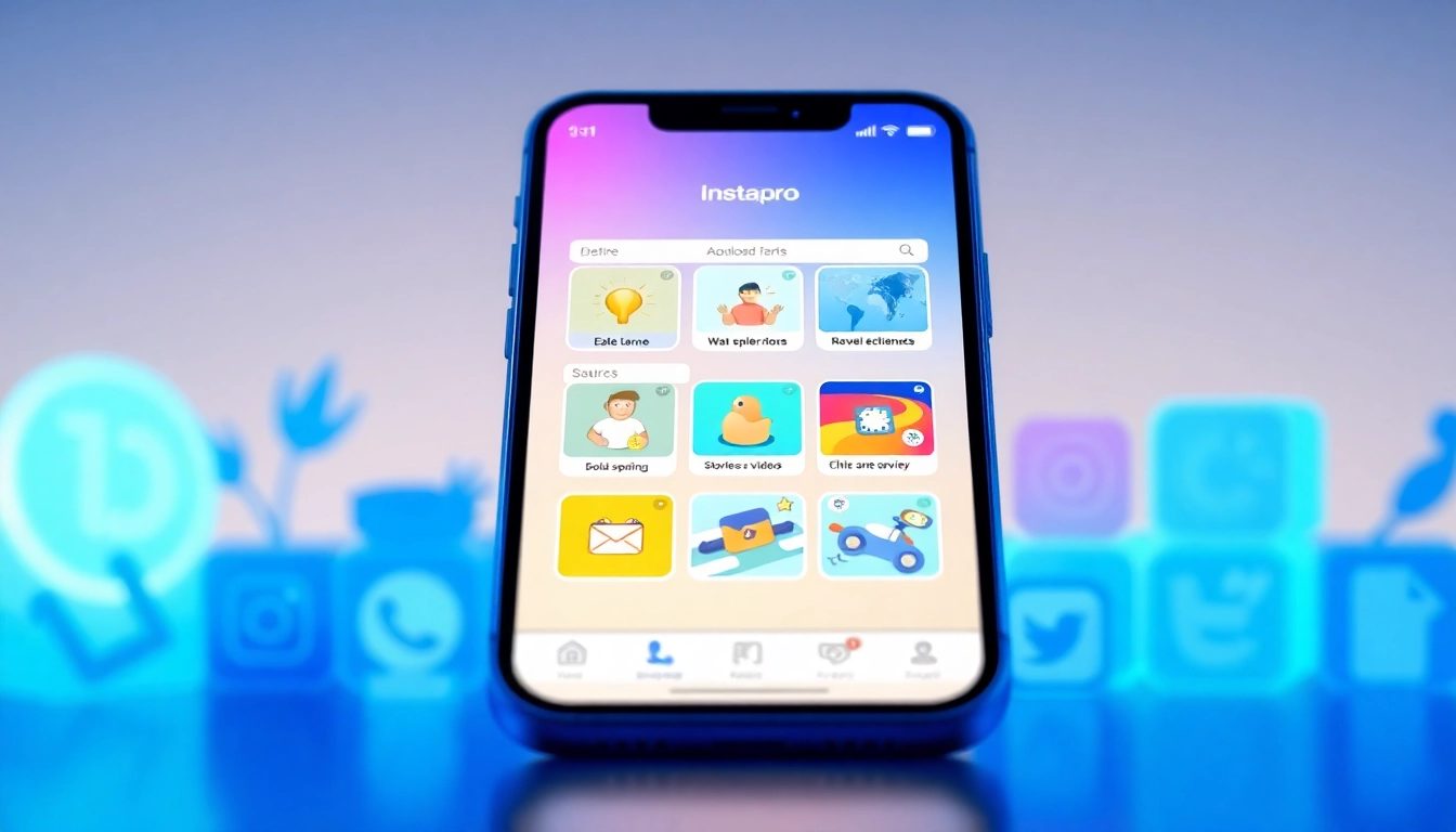 Instapro app interface showcasing innovative social media features for downloading content.