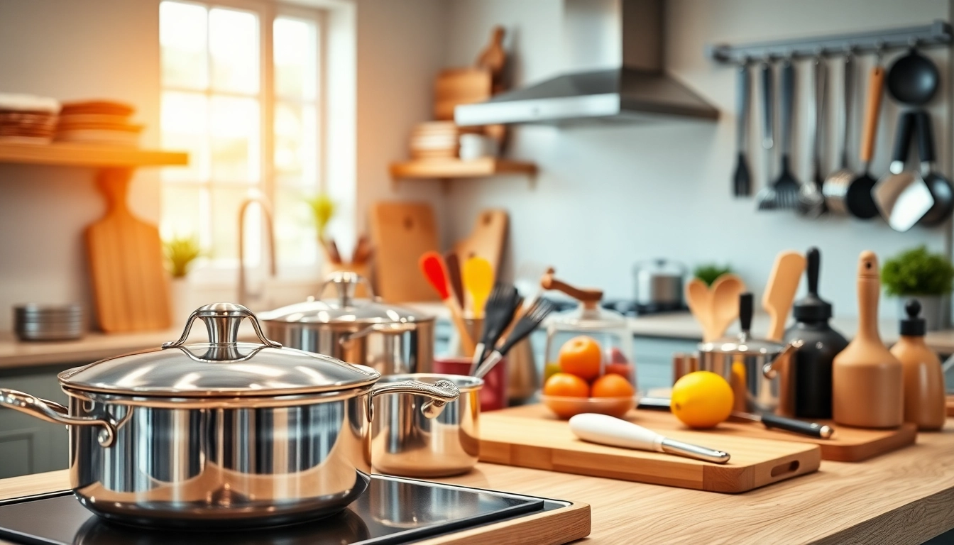 Showcase premium kitchenware NZ with vibrant utensils and cookware in a modern kitchen setting.