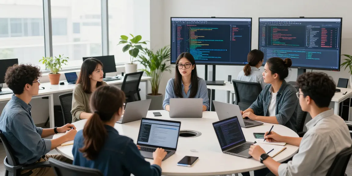 Collaborative workspace with a diverse team discussing 纸飞机中文版官网 software development in a bright modern office