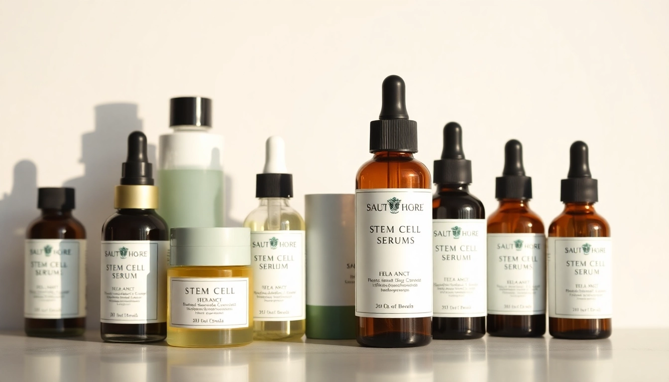 Showcase of high-quality stem cell skincare products highlighting hydrating serums.