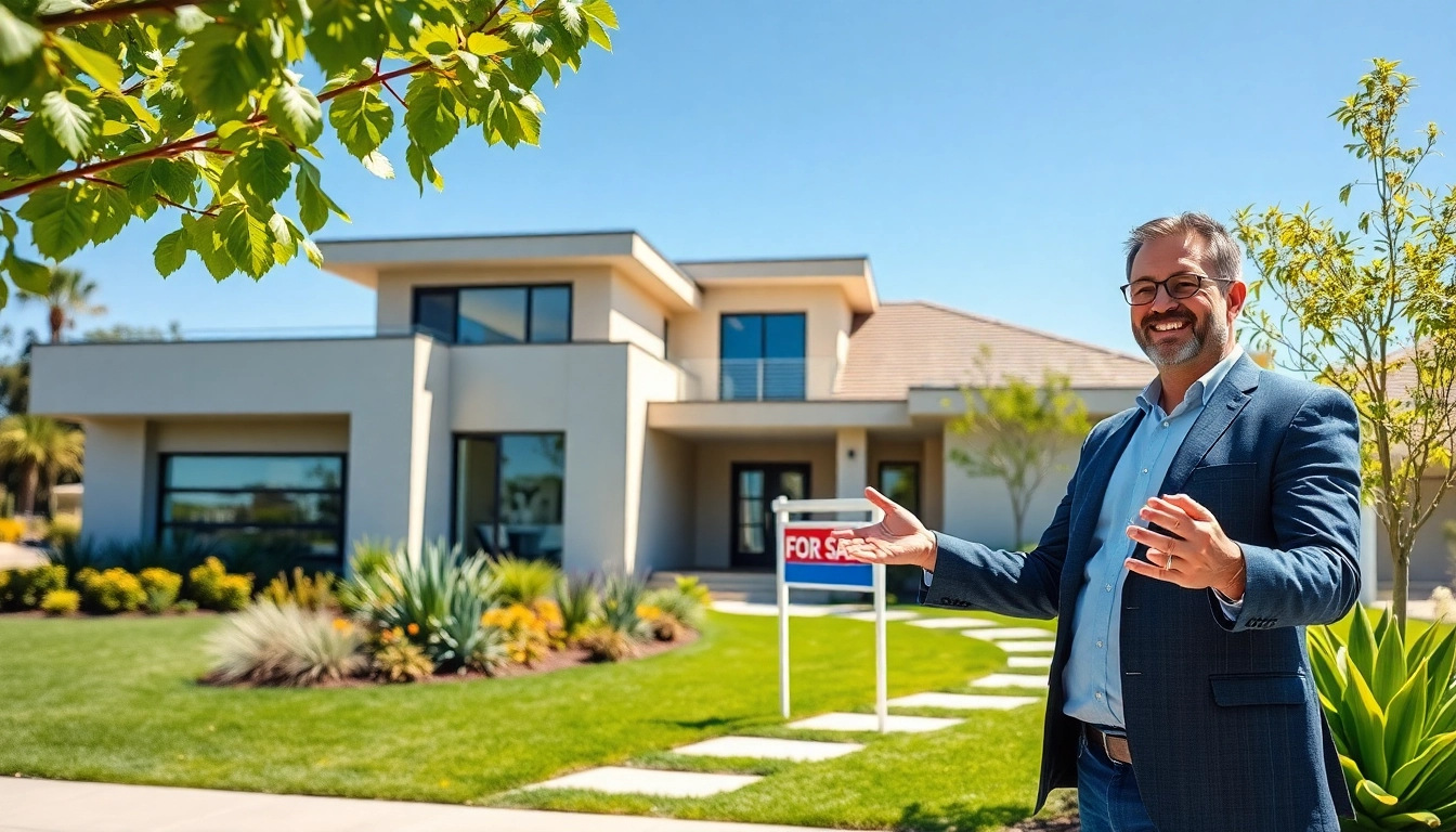 Showcasing a vibrant modern real estate scene with an agent engaging clients among beautiful homes.