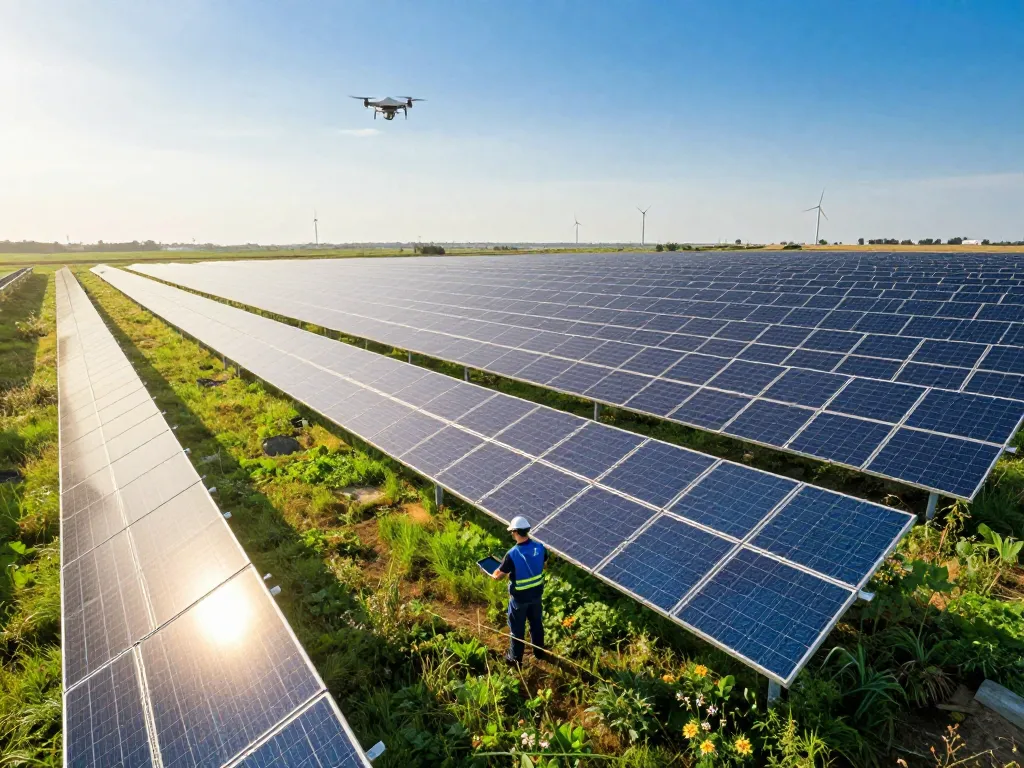 Rows of zonnepanelen voor zonneparken in a solar park with maintenance technician inspecting, showcasing renewable energy innovation.