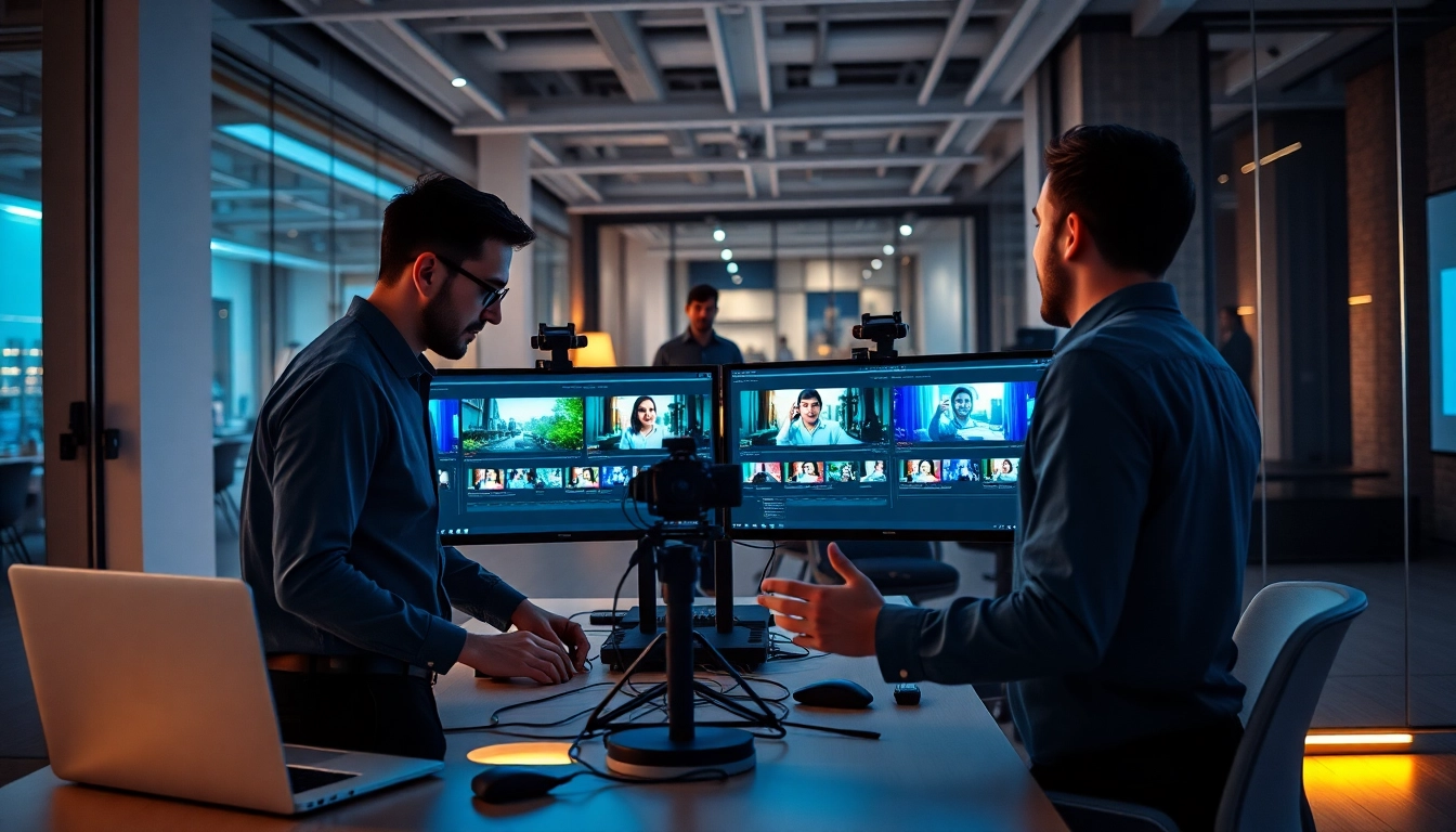 Professional video editors at work in a modern editing space with vibrant video displays.