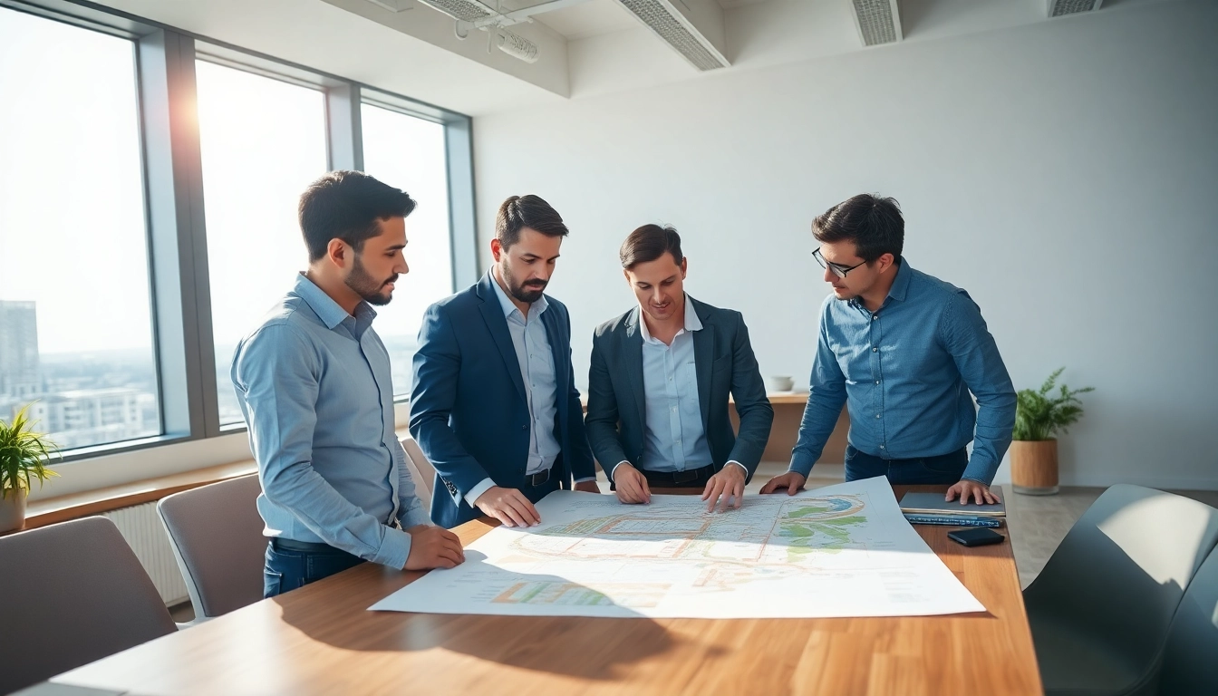 Engaged team discussing Public-Private Partnerships with blueprints in a modern office setting.