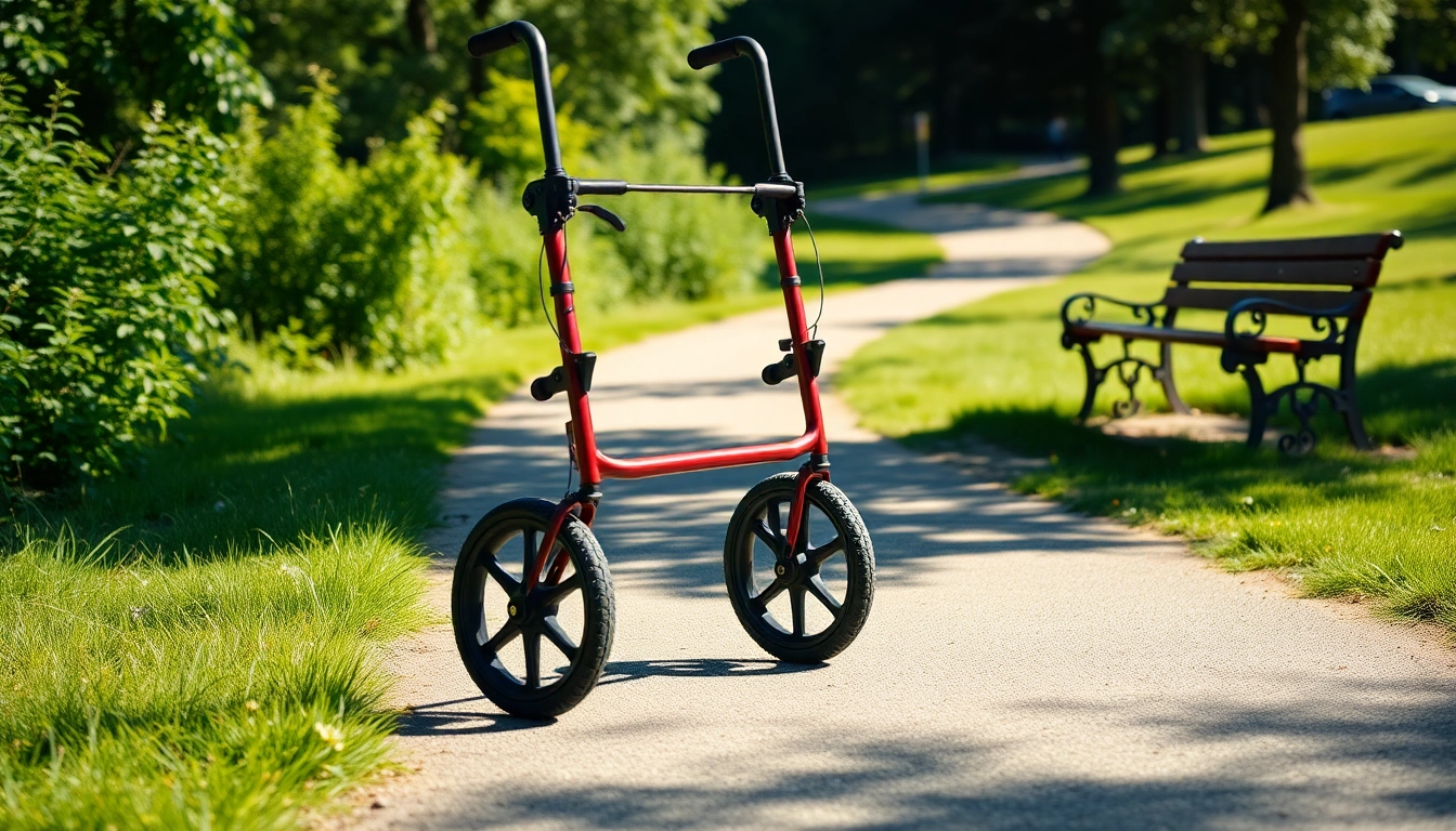 Aktiver Benutzer mit einem outdoor rollator, der auf einem malerischen Weg in einem Park spaziert.