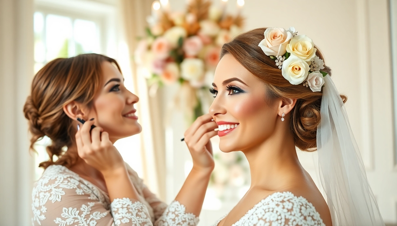 Bridal scene showcasing wedding hair and makeup application by a professional artist.