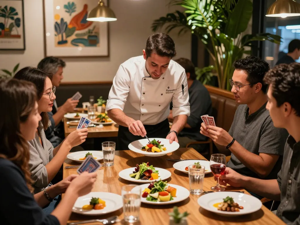 Diners enjoying an engaging culinary experience at Pokerseri restaurant, with expertly plated gourmet dishes and lively atmosphere.