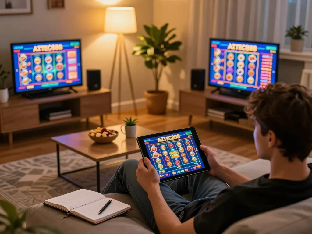 Player engaging with AZTEC888 slots interface on a tablet in a cozy home gaming environment