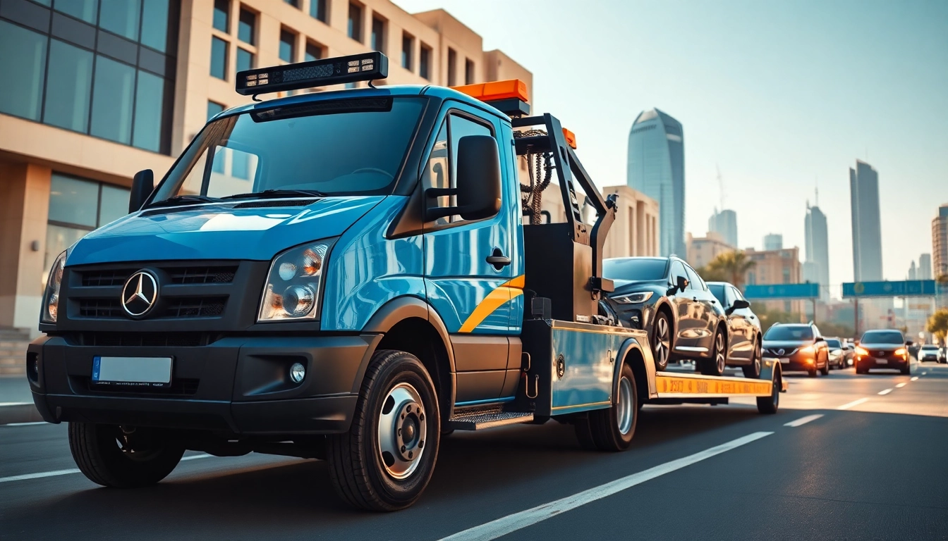 Experience https://trtrecoveryuae.com with a car recovery vehicle assisting on a Dubai street.
