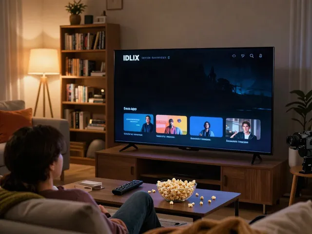 Person enjoying a movie from the IDLIX Official app in a cozy living room.