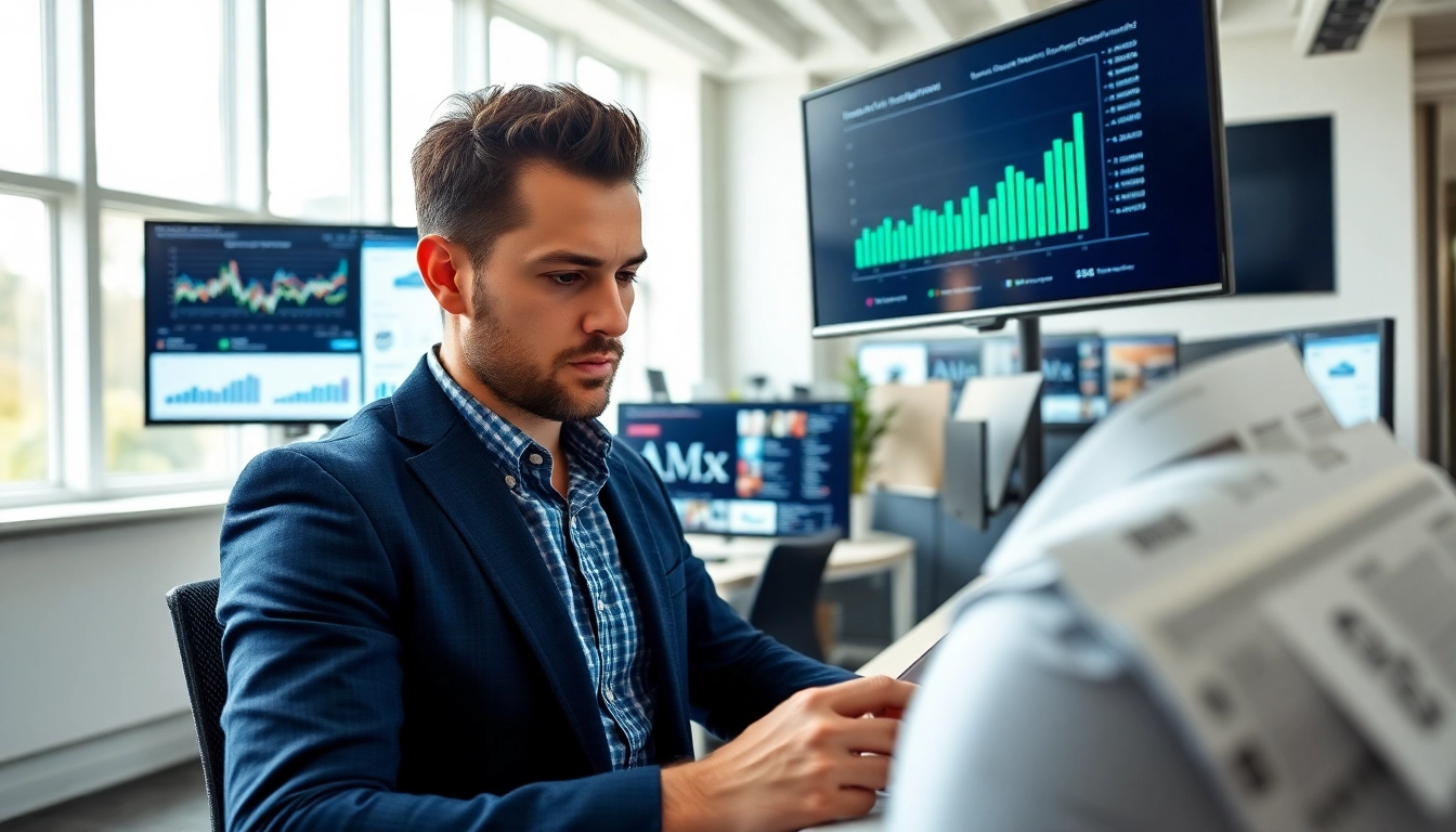 Engaged digital marketing professional analyzing data and strategies in a vibrant office environment.