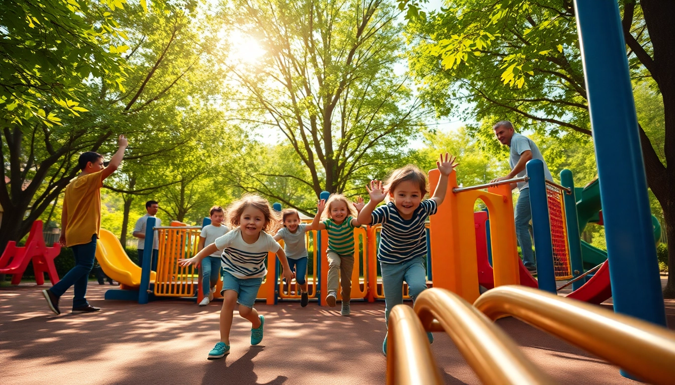 Children climbing on jungle gyms in a lively playground, showcasing outdoor fun and play.