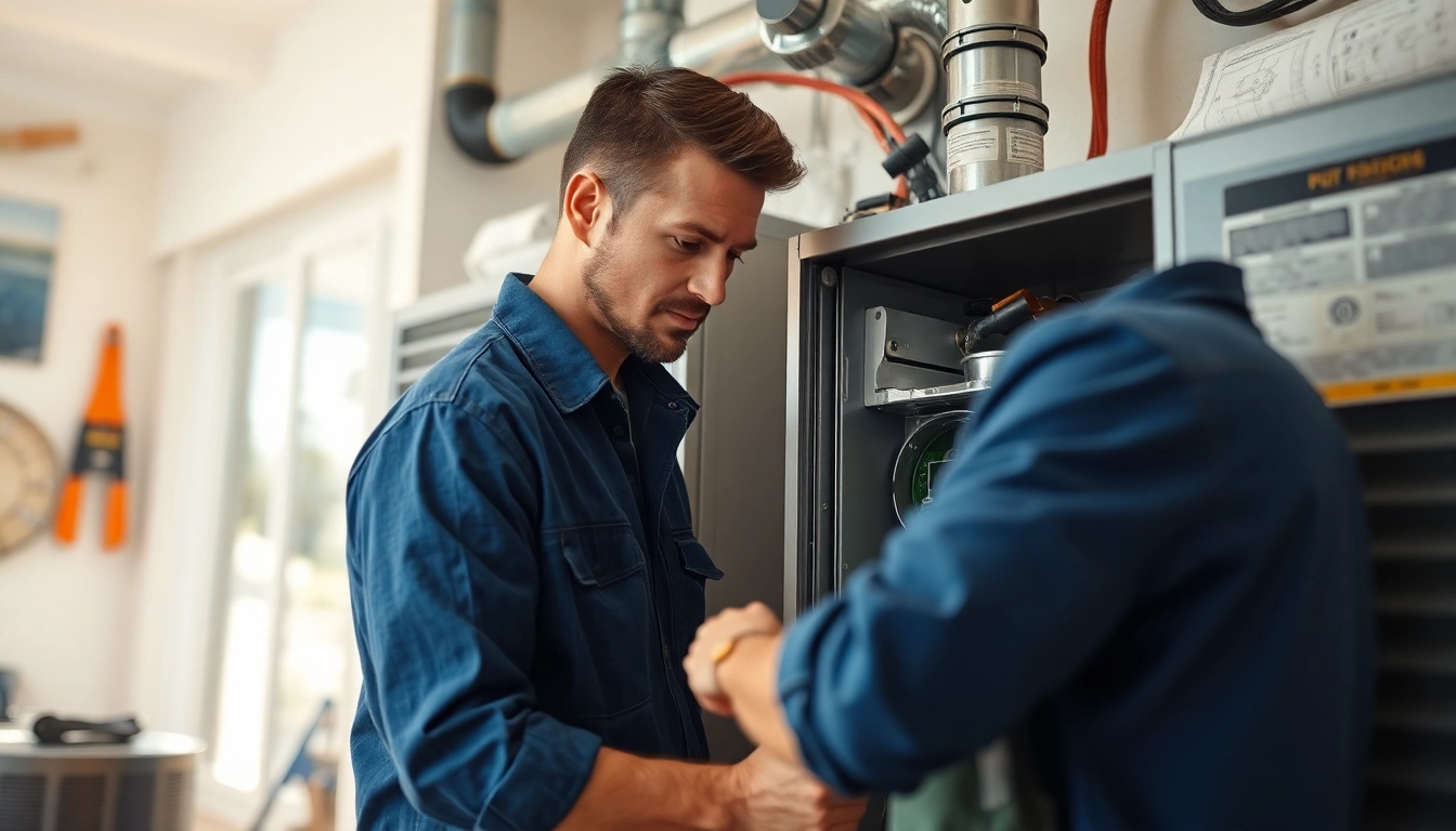Technician providing heating and cooling services in a well-lit professional environment.