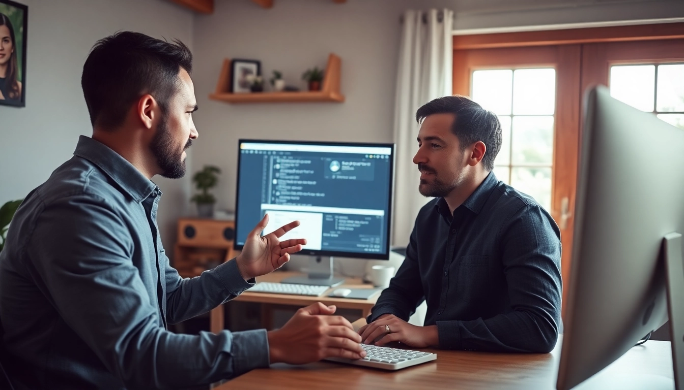 Offering computer help, a technician assists a client in a modern home office setup.
