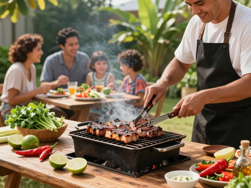 The best crying tiger recipe steak sizzling on the grill with fresh herbs and spices around, creating an inviting summer barbecue atmosphere.