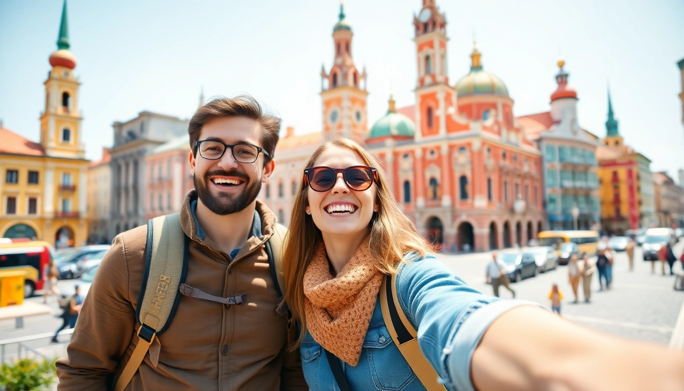 Couple enjoying an adventure at https://travelvixta.com, surrounded by vibrant city landmarks.