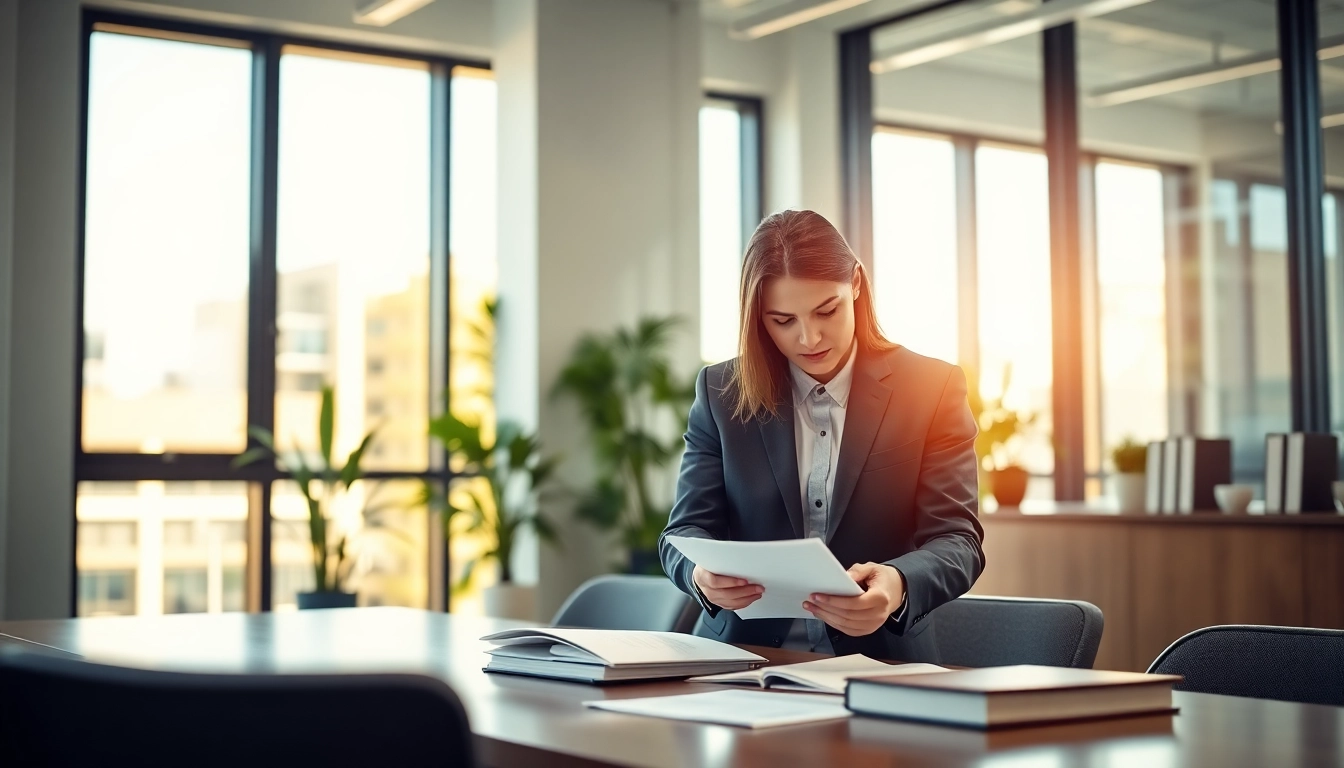 Supporting a client, Fort Lauderdale workers compensation lawyer reviews case details in a modern office