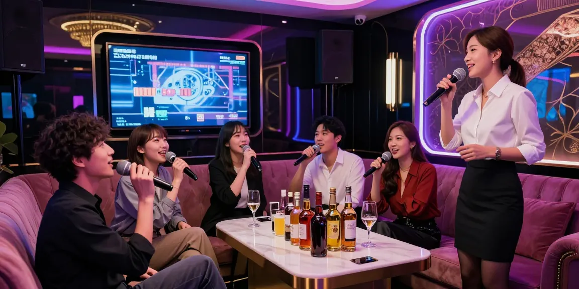 강남가라오케에서 친구들과 함께 즐거운 순간을 보내는 모습, 화려한 조명과 고급 인테리어가 어우러진 카라오케 룸