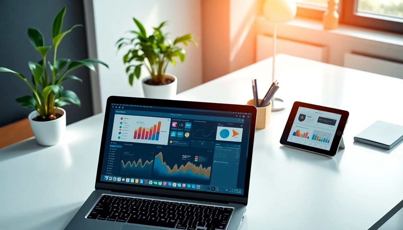 Showcasing ai tools in a modern workspace with vibrant lighting and organized elements.