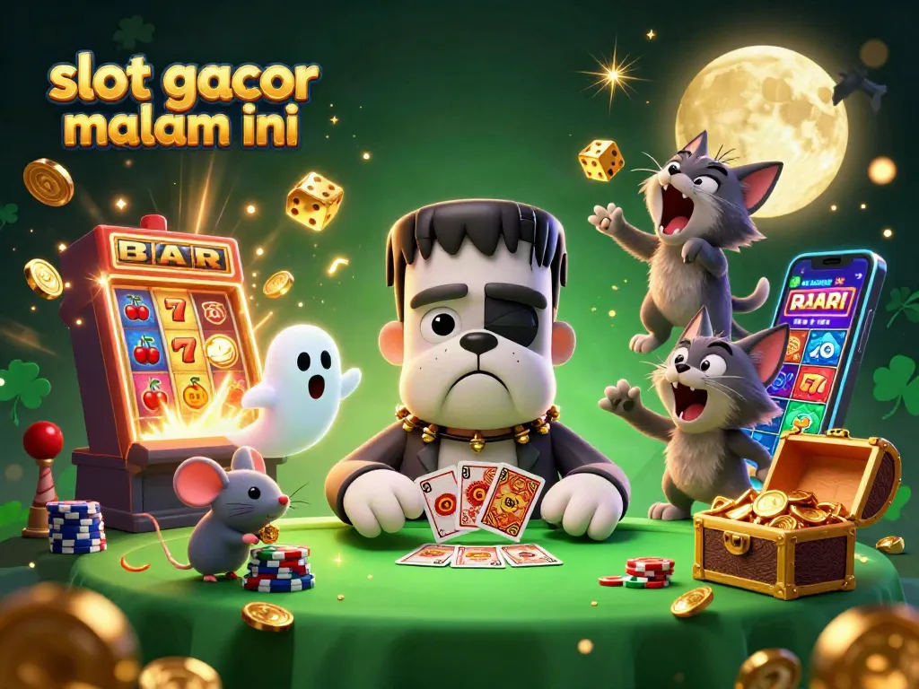 Engage in thrilling slot gacor malam ini with a dynamic scene of a playful casino atmosphere featuring vibrant characters and elements.
