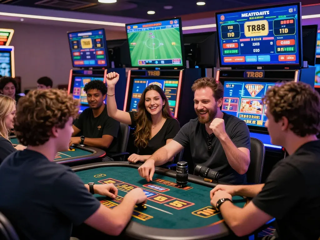 Exciting players engaging with TR88 online casino games, celebrating wins in vibrant digital atmosphere.