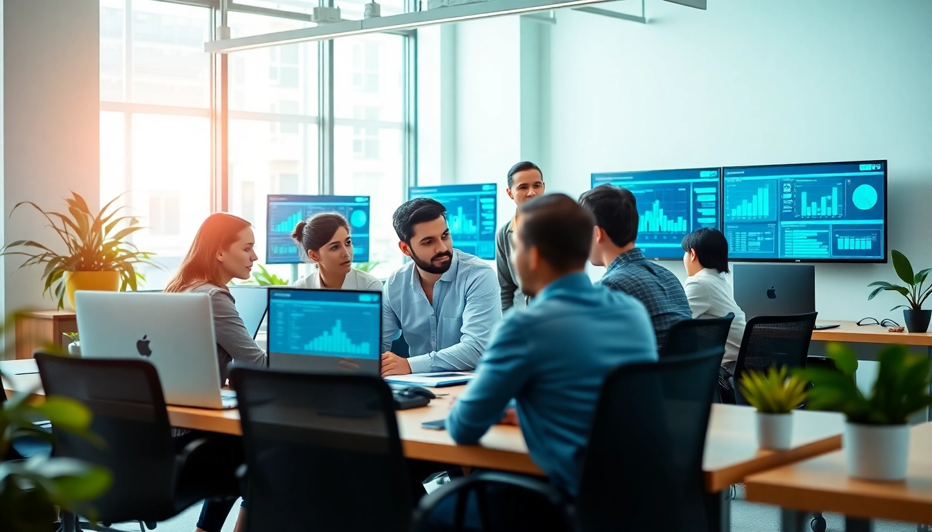 Business IT support team collaborating with modern technology in a professional workspace.