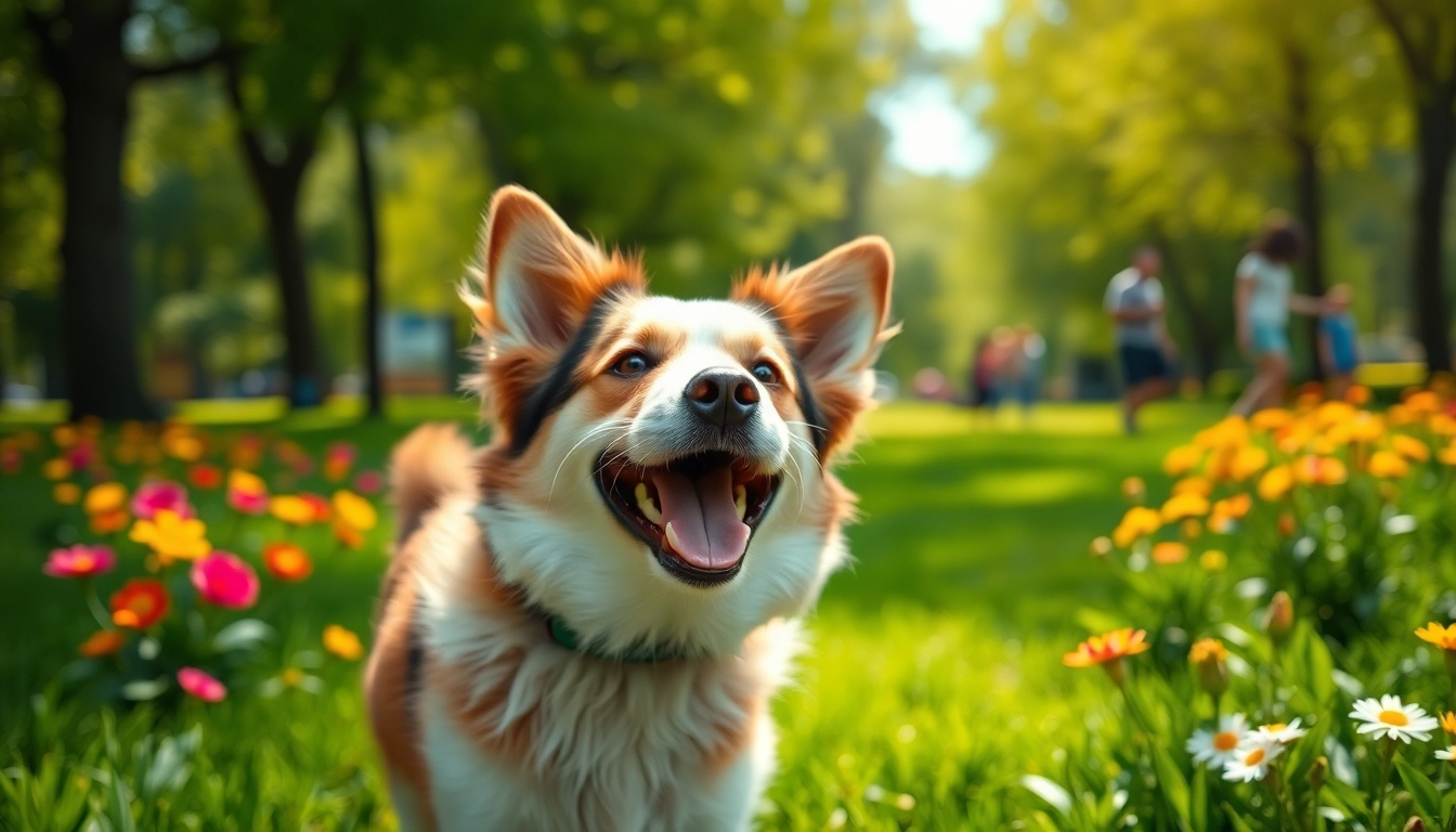 Een gelukkige hond speelt in het park op https://hondenverzorgers.nl met een vrolijke uitstraling.