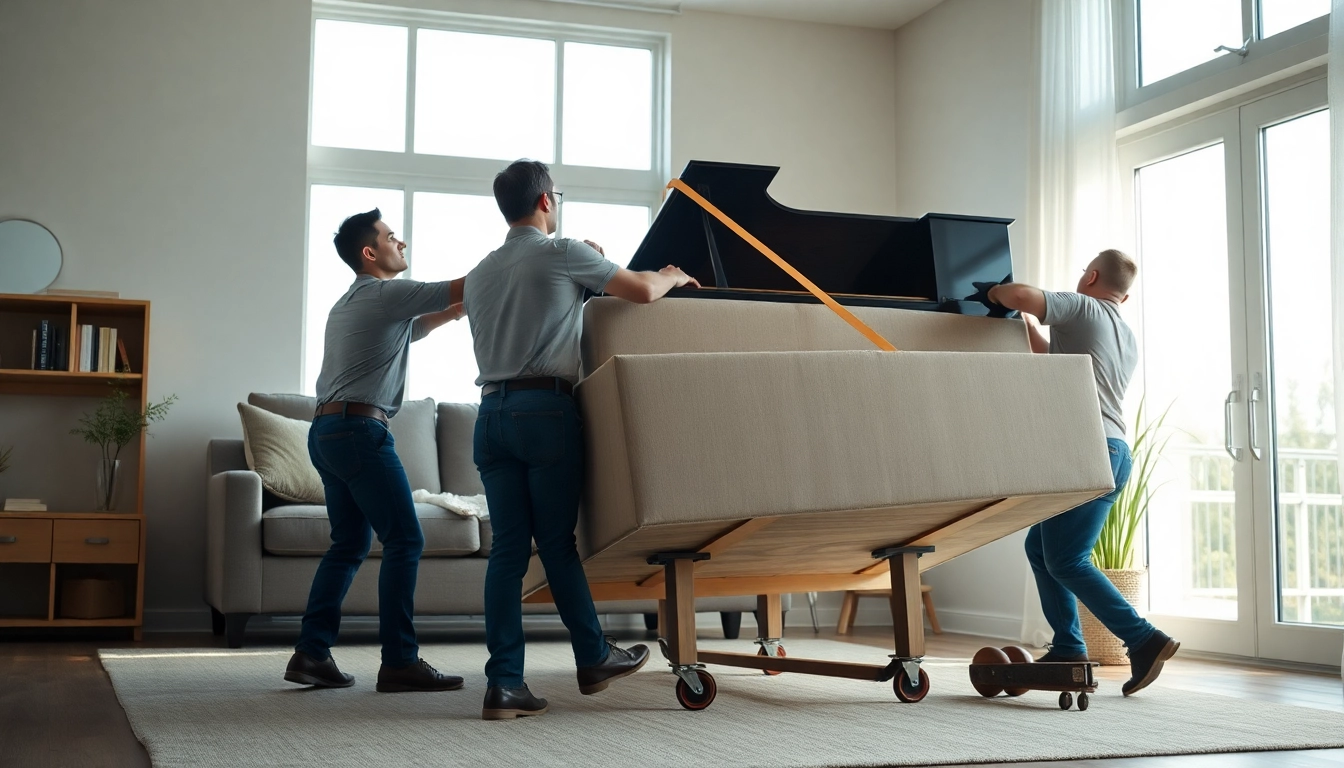 Movers skillfully handling oversized item moves like a piano and sofa in a spacious living room setting.