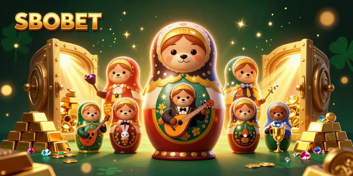 SBOBET bears dressed as casino dealers amidst sparkling treasures and vibrant colors, creating a lively casino scene.