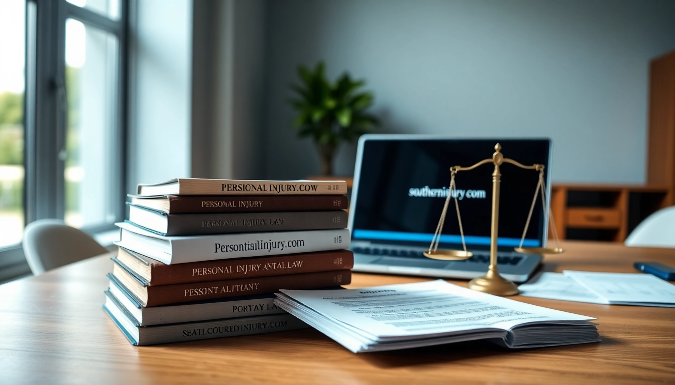View of a workspace featuring legal documents and southerninjury.com displayed on a laptop.