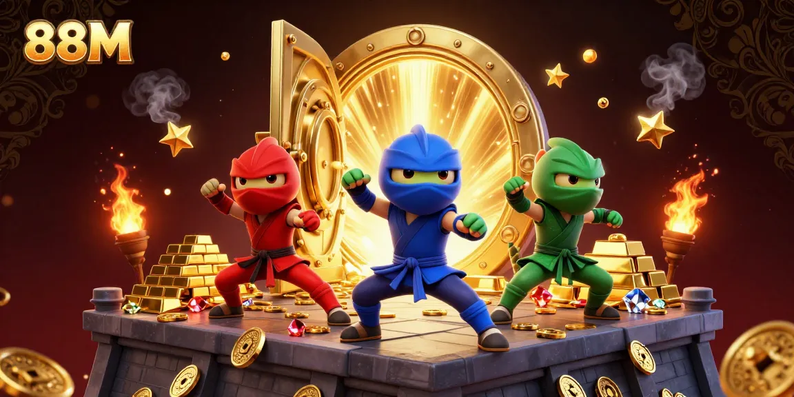 88M casino scene showcasing ninja chameleons with gold treasures, enhancing the gaming experience.