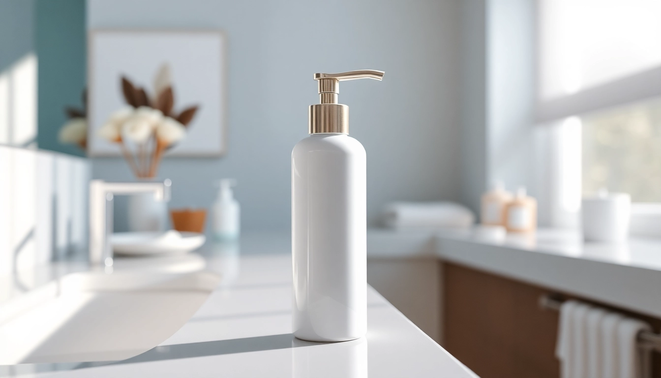 Showcasing a stylish bottle pump head against a serene bathroom backdrop.