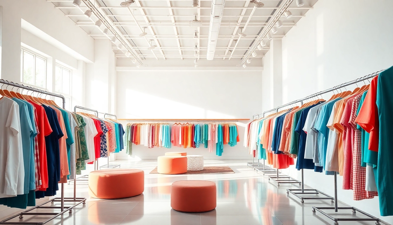 Shop vibrant clothing store showcasing a variety of stylish apparel and inviting decor.