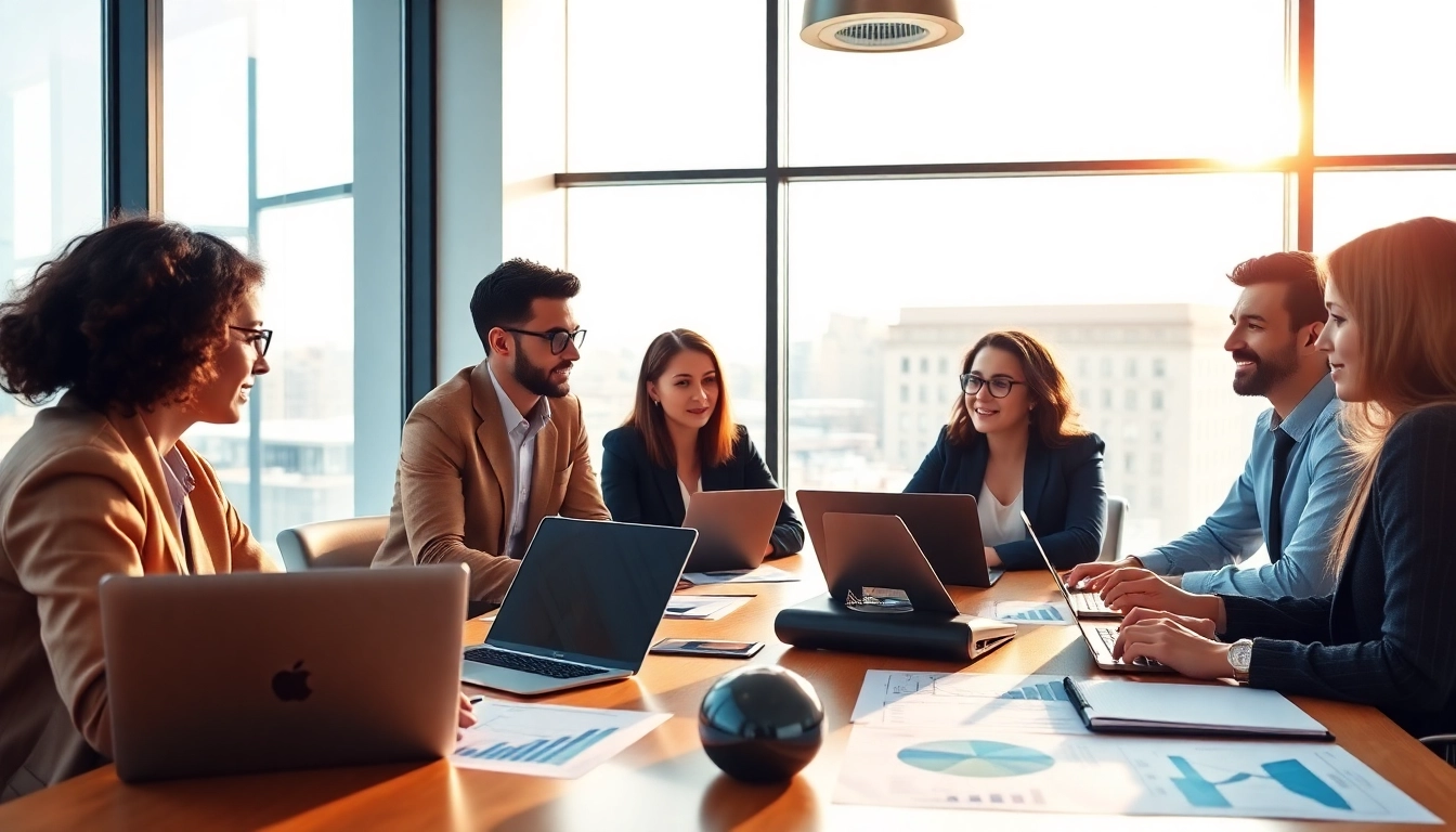 Evaluate strategies in Digital advertising during a meeting with a diverse team in a modern office.