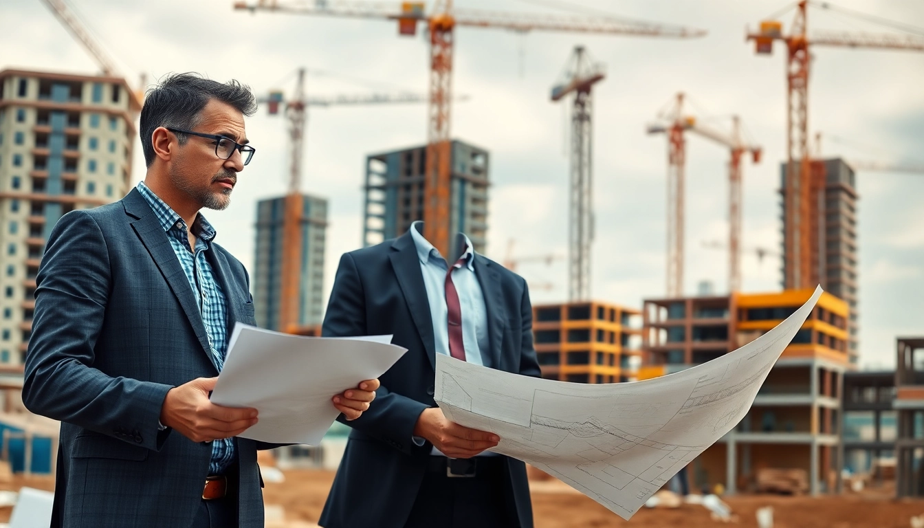 Real Estate Developer engaging with an architect at a construction site filled with blueprints.