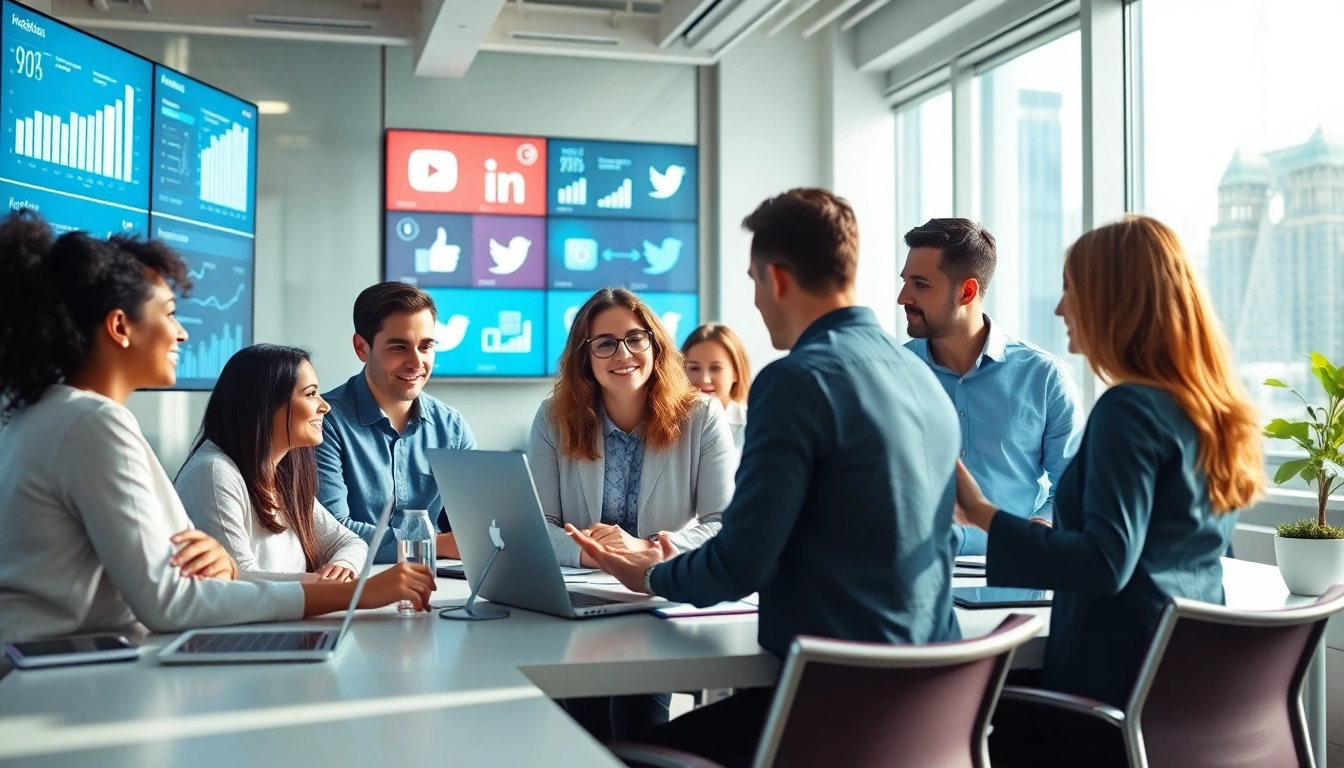 Boost social media strategies with a collaborative marketing team in a vibrant office setting
