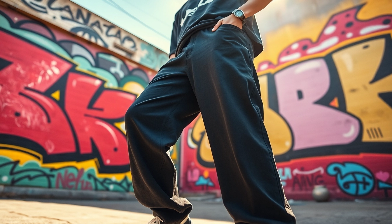 Model showcasing baggy black jeans in an urban graffiti setting with vibrant style.