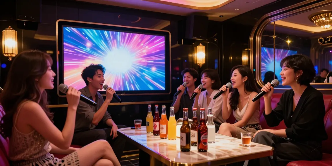 강남 가라오케에서 고급 음향 시스템과 조명이 완비된 룸에서 친구들이 즐거운 시간을 보내고 있는 모습