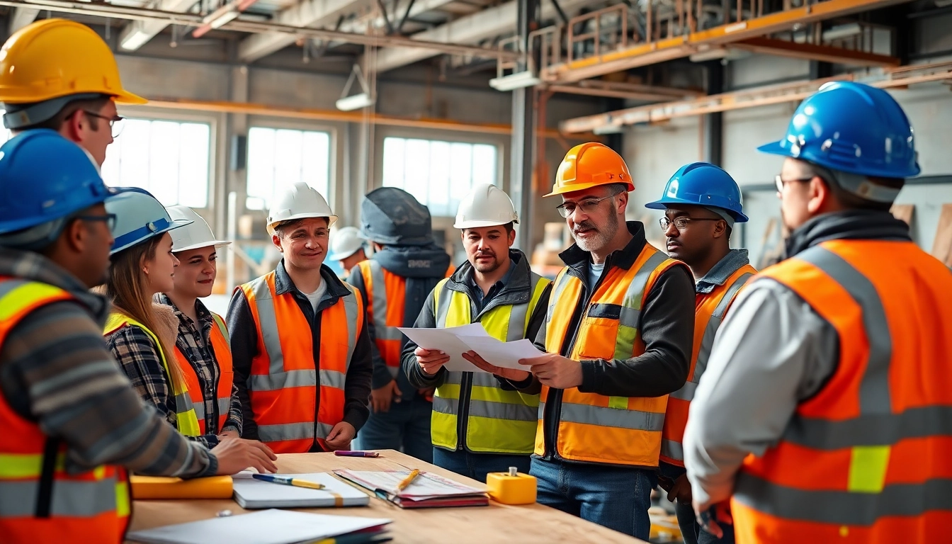 Workers participating in construction safety training with hands-on instruction and safety gear.