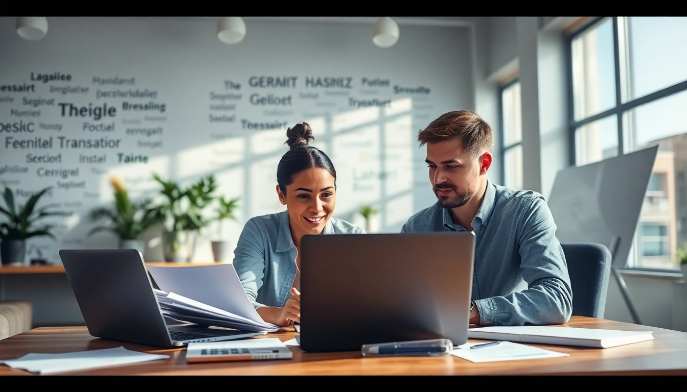 Collaborative translators at work showcasing https://www.elitetranslingo.com in a vibrant office environment.